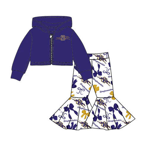8.12  Custom Moq 5 Baby girls Greyhoundse team hooded shirt bell bottom pants sets
