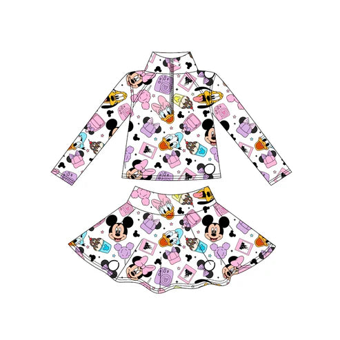 9.8 Custom Moq 5 Baby Girls Long Sleeve Cartoon Purple Zip Pullover Skorts Yoga Clothes Sets