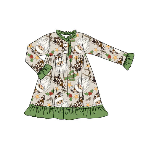 7.29 GLD1214 Baby Girls Long Ruffle Sleeves Santa Cactus Plaid Button Knee Length Dresses Preorder