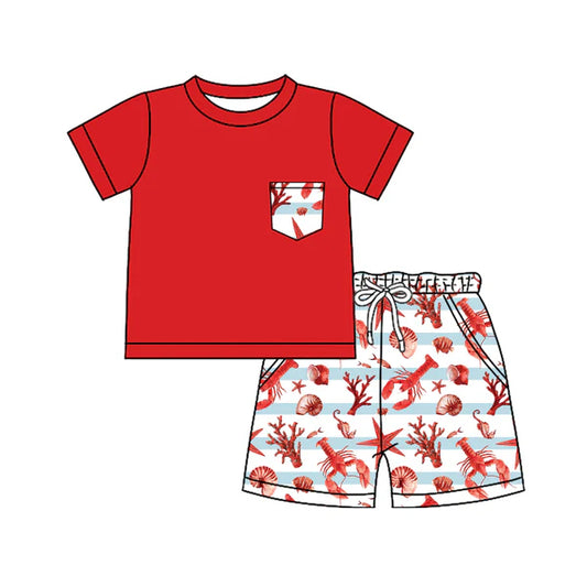 L-3.6 BSSO1323 Baby Boys Green Fishes Top Checkered Shorts Clothes Sets Preorder