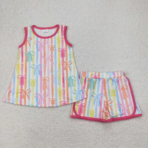 5.3 Sibling Baby Girls Sleeveless Colorful Stripe Bows Top Shorts Sets