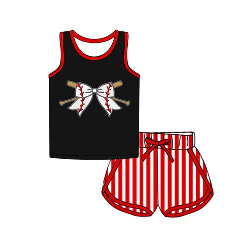 3.21  GSSO2370 Baby Girls Black Sleeveless Bow Baseball Top Red Stripe Shorts Sport Set Preorder