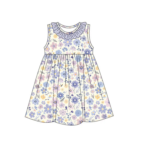 GSD2145 Baby Girls Light Blue Flowers Bow Knee Length Dresses preorder