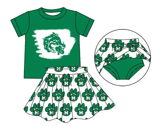 7.5 Custom Moq 3 Baby Girls Green Monahans Loboes Top Bummie Skorts Team Sets