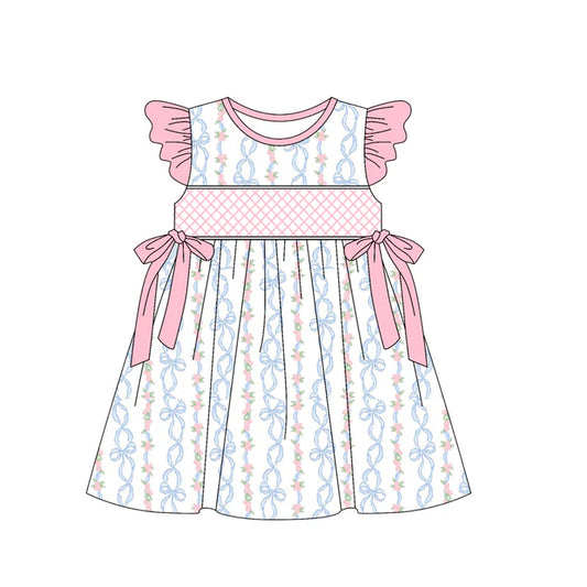 3.23GSD2228 Baby Girls Pink Flutter Sleeves Bows Floral Stripe Knee Length Dresses Preorder