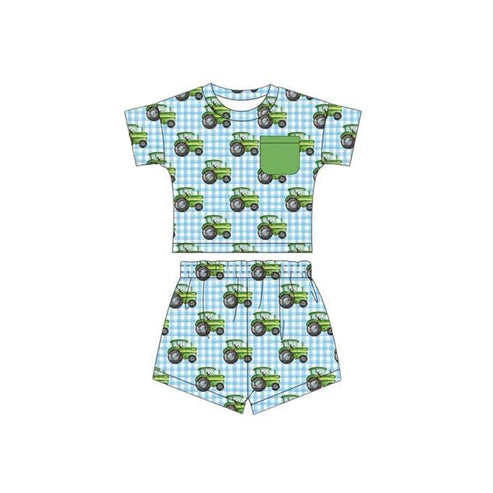 6.9 BSSO1539 Baby Boys Short Sleeves Blue Plaid Trucks Pocket Top Short Farm Pajamas Set Preorder