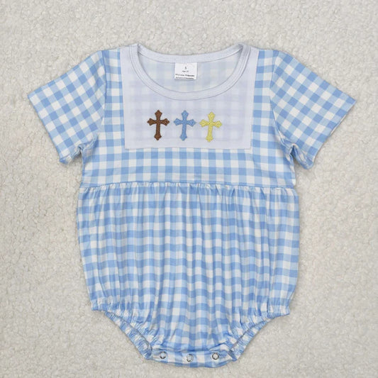 3.11 SR2134 Baby Infant Boys Easter Blue Checkered Cross Romper