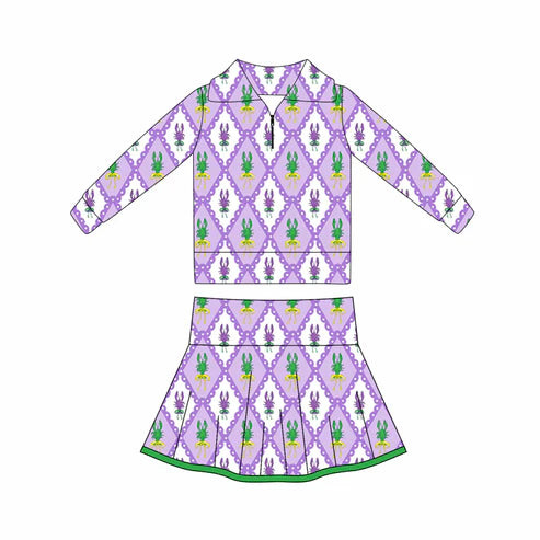 10.28 GLD1399 Baby Girls Mardigras Crayfishes Checked Zipper Pullovers Skorts Yoga Clothes Sets Preorder