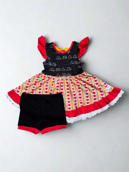 12.11 MOQ：5pcs GSSO3011 pre-order baby girl clothes apple print toddler girl back to school summer outfit