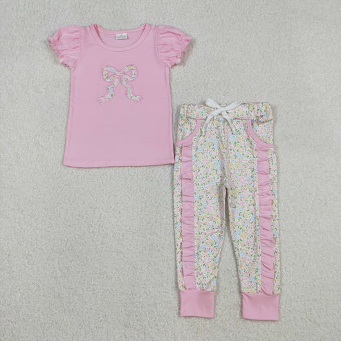 12.8 GSPO2060 Embroidery Floral Bows Baby Girls Shirt Pockets Ruffle Leggings Clothes Set