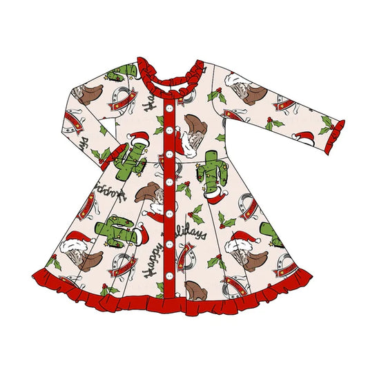 5.28 GLD0904 Baby Girls Christmas Western Cactus Boots Knee Length Dresses Preorder