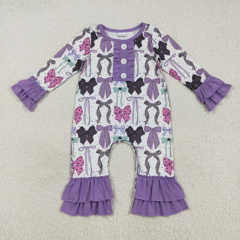 8.13 LR2355 Baby Girls Long Ruffle Sleeves Purple Bows Button Pant Romper
