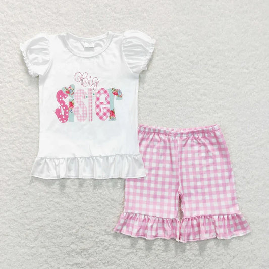 5.27 Sibling Baby Girls Little Big Sister Tee Shirts Ruffle Plaid Shorts Clothes Sets