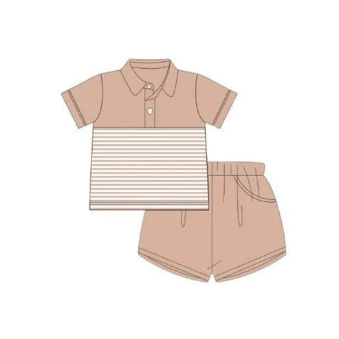 3.20 BSSO1413 Baby Boys Khaki Short Sleeves Button Stripe Top Pockets Short Clothes Set Preorder