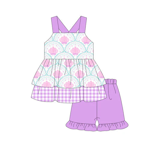 3.28 GSSO2432 Baby Girls Purple Strap Bows Shell Tunic Ruffle Short Set Preorder