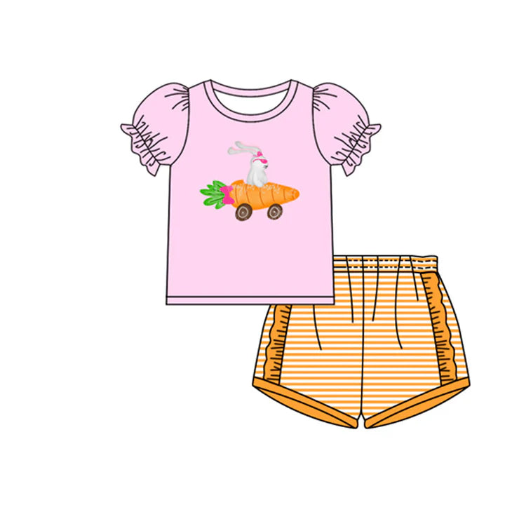 12.2 MOQ：5pcs GSSO2960 pre-order baby girl clothes rabbit car print toddler girl easter summer outfit