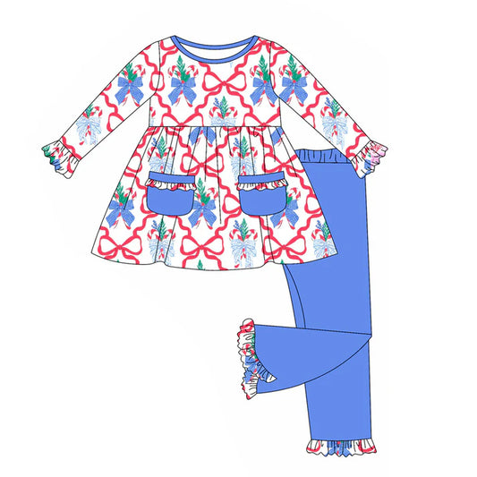 6.14 GLP2383 Baby Girls Bows Plaid Gingerbread Pocket Tunic Legging Pants Set Preorder