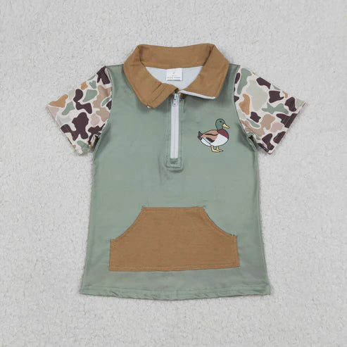 12.27 RTS NO MOQ（In Stock) Pocket Duck Camouflage Brown-Green Zip-Up Short-Sleeve Top