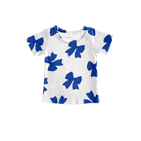8.1  Custom Moq 5 Baby Girls Blue Bows Short Sleeve Tee Shirts Tops