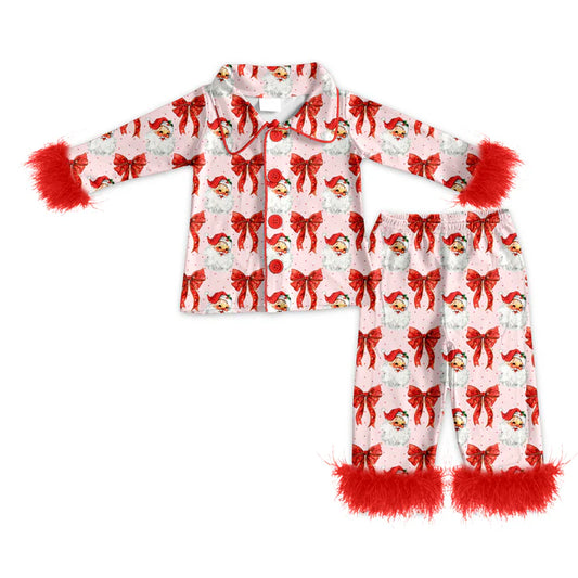 6.16 GLP2373 Baby Girls Red Long Sleeves With Fur Bows Santa Button Top Pants Pajamas Set Preorder