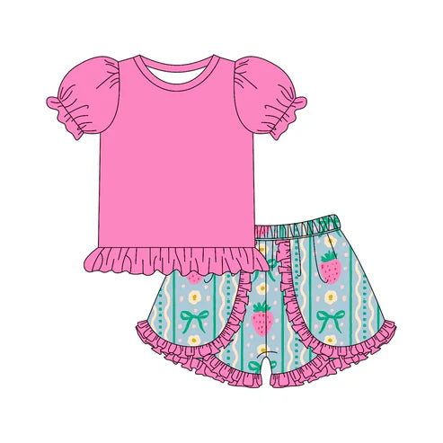 4.25 Preorder(moq 3) Baby Girls Pink Short Ruffle Sleeves Tunic Strawberry Bows Ruffle Short Set