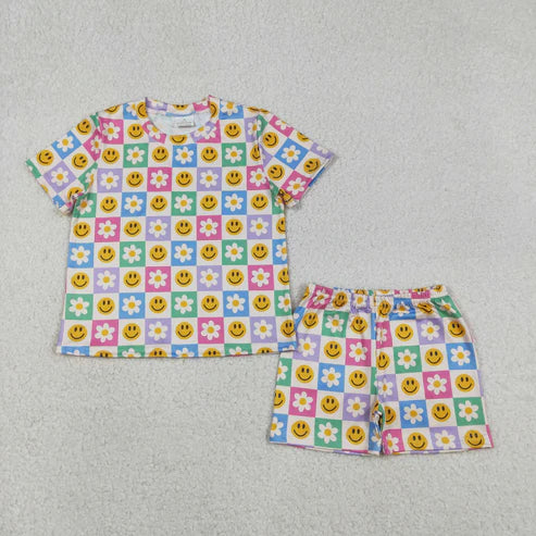 12.19 GSSO2864 Baby Girls Colorful Smile Flowers Checked Pockets Shorts Clothes Set