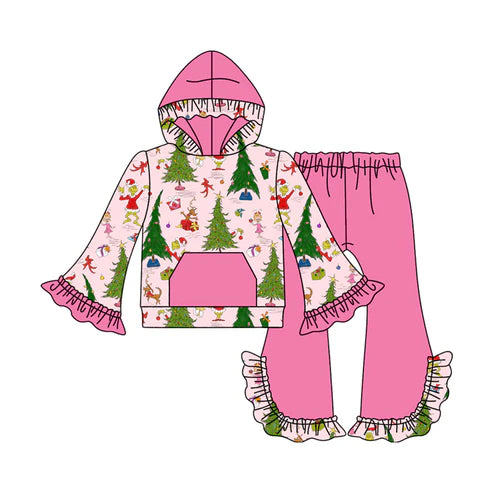 8.16 GLP2709 Baby Girls Green Faces Christmas Trees Pocket Hoodie Ruffle Flame Pant Set Preorder