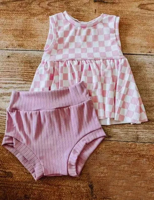 GBO0471 Baby Girls Pink Plaid Sleeveless Tunic Bummies Clothes Sets Preorder