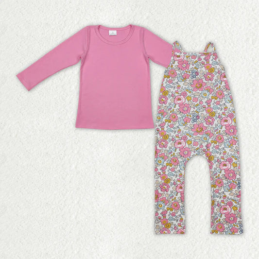 3.18 GT0781+SR1982 Baby Girls Pink Flowers Straps Jumpsuits Shirts 2pcs Set