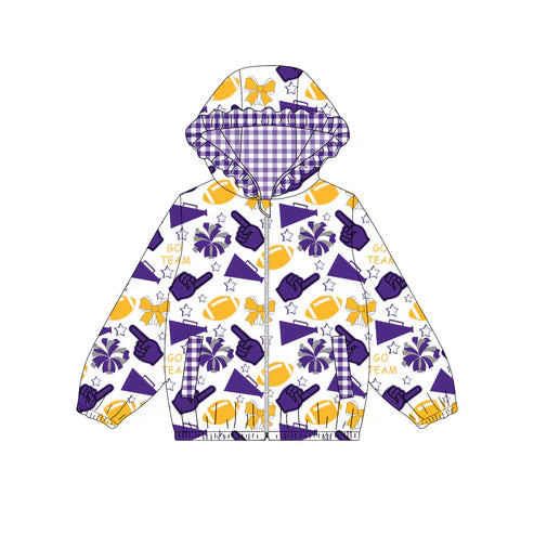 10.15 Custom Moq 8 Baby Girls Yellow Purple Football Team Zipper Bows Hoodies Tops