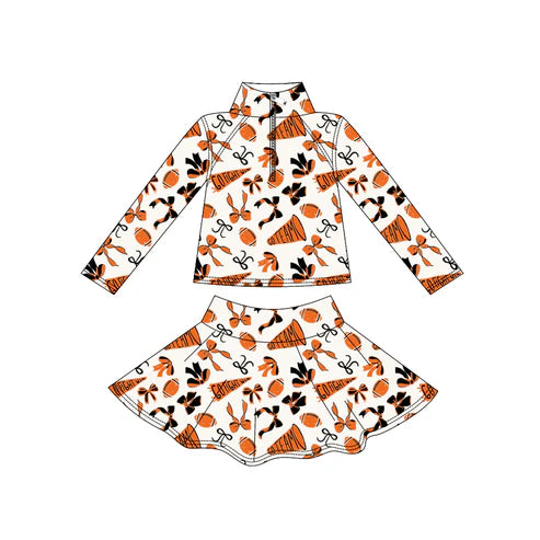 9.2 GLD1285 Baby Girls Orange Black Bows Go Team Yoga Zipper Pullovers Skorts Clothes Set Preorder