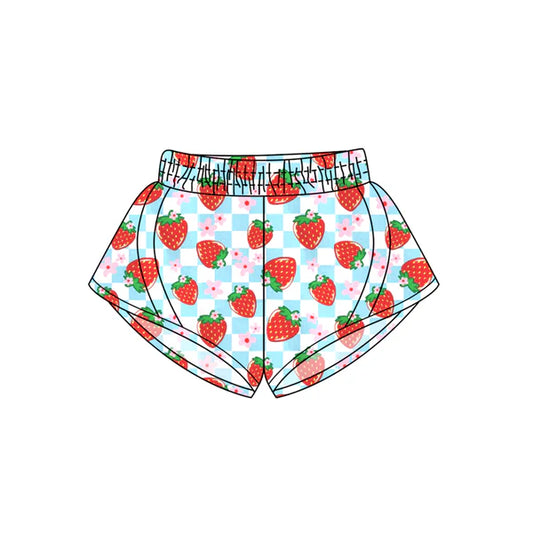 3.27 SS0499 Baby Girls Blue Plaid Strawberry Flowers Yoga Shorts Bottoms Preorder