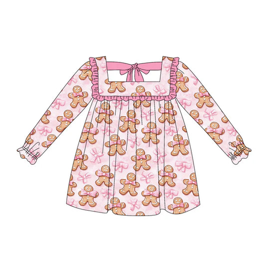 5.19 GLD1060 Baby Girls Long Ruffle Sleeves Pink Bows Gingerbread Knee Length Dresses Preorder