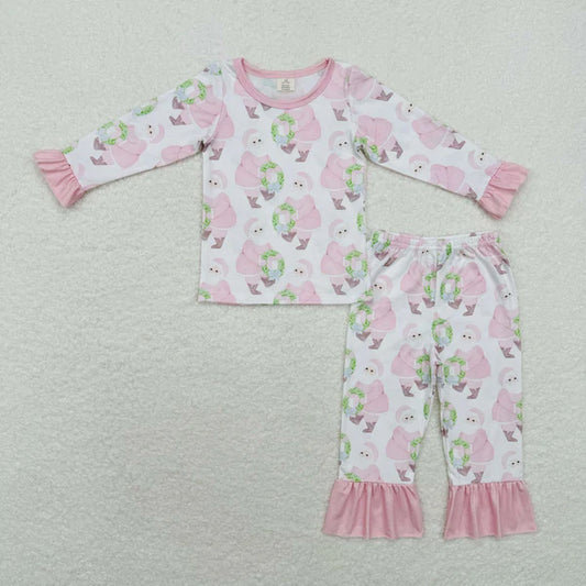 4.8 Bamboo rts no moq GLP1320 Modal pink Santa wreath long sleeve long pants pajama set