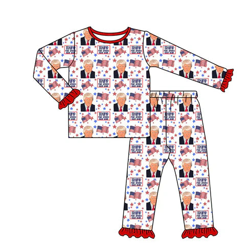 5.2   Custom Baby Girls Long Ruffle Sleeves Trump Flags Top Pant Bamboo Pajamas Set(MOQ 3)