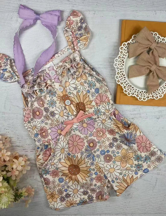 3.21  SR2914 Baby Girls Flutter Sleeves Floral Button Pockets Jumpsuits Preorder