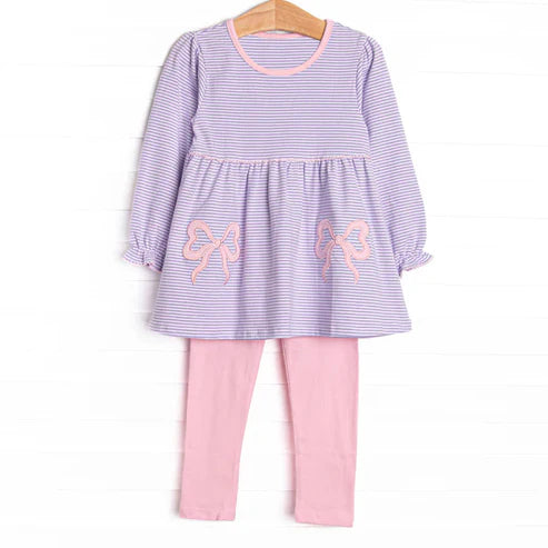 8.14 GLP2696 Baby Girls Lavender Stripe Bows Tunic Legging Pant Set Preorder
