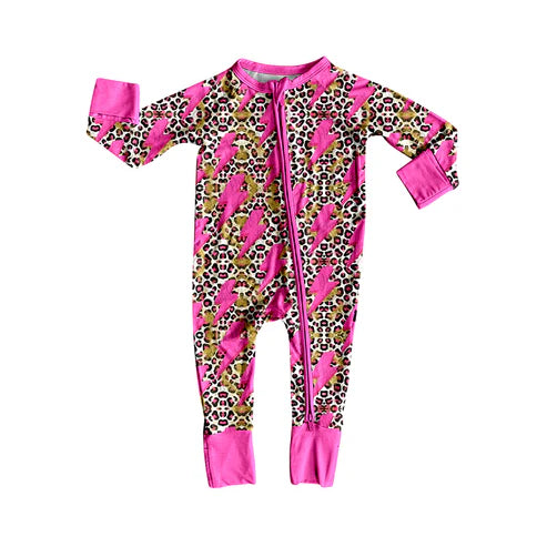 6.13 LR2250 Baby Girls Long Sleeves Pink Lightning Leopard Zipper Rompers Preorder