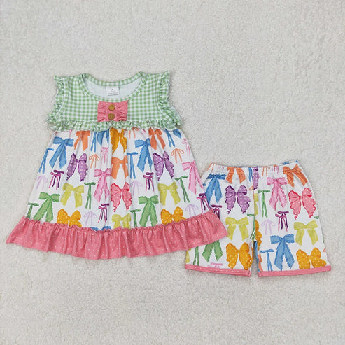 4.25  Sibling Baby Girls Colorful Bows Tops Shorts Outfits Sets