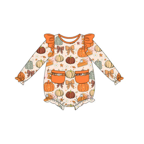 7.26  LR2470 Baby Girls Long Sleeves Pumpkins Bows Pockets Ruffle Rompers Preorder