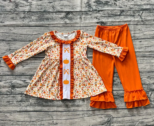 6.18 GLP2361 Baby Girls Long Sleeves Bows Pumpkins Floral Tunic Ruffle Pant Set Preorder