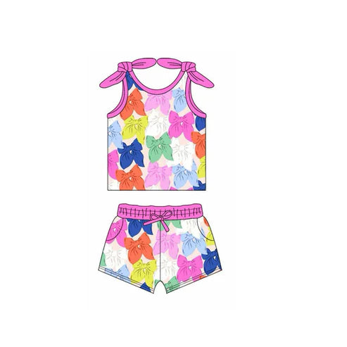 4.3 GSSO2471 Baby Girls Pink Strap Colorful Bows Top Pockets Short Sets Preorder