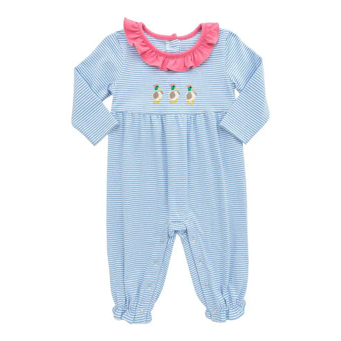 9.30 LR2738 Baby Girls Blue Stripe Ducks Ruffle Footie Rompers Preorder