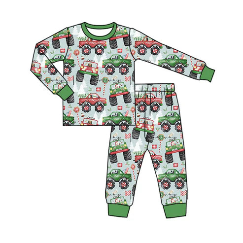6.6  BLP1087 Baby Boys Green Long Sleeves Truck Trees Flags Top Pant Pajamas Set Preorder