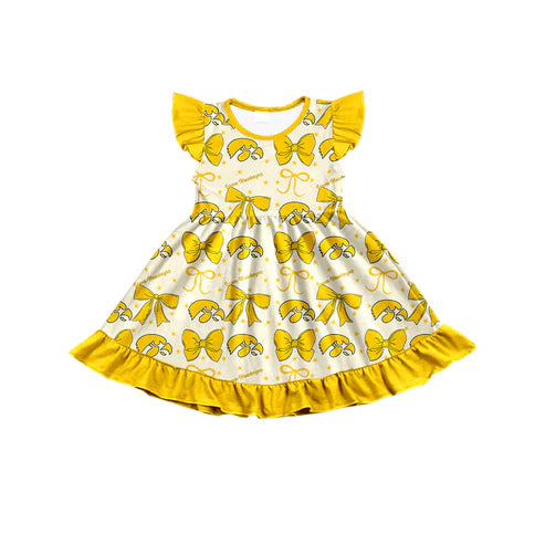 7.3  Custom Moq 3 Baby Girls Flutter Sleeves Iowa Bows Team Knee Length Dresses