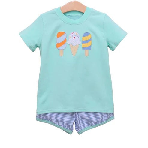 6.19 BSSO1527 Baby Boys Aqua Short Sleeves Popsicle Top Blue Stripe Short Set Preorder