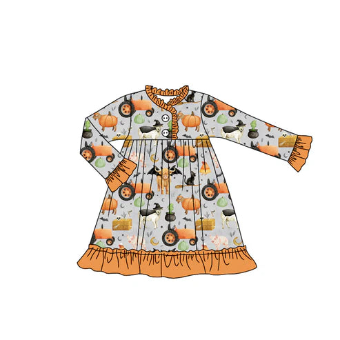 7.29 GLD1208 Baby Girls Long Ruffle Sleeves Bats Farm Pumpkins Button Knee Length Dress Preorder