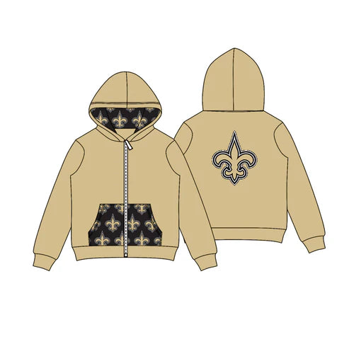 8.11  Custom Moq 5 Baby Boys Khaki Tridents Team Pocket Zipper Hoodies Tops