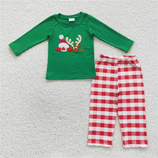 L-3.2 BLP0203 Embroidered Santa Reindeer plaid green long sleeve