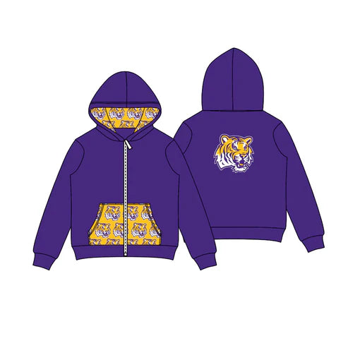 8.11   Custom Moq 5 Baby Boys Purple Tigers Team Pocket Zipper Hoodies Tops